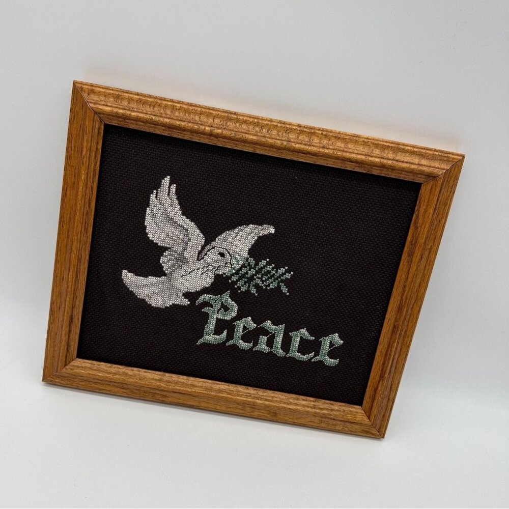 Vintage Cross Stitch Dove Peace Wooden Frame Black White Christmas Wall Hanging